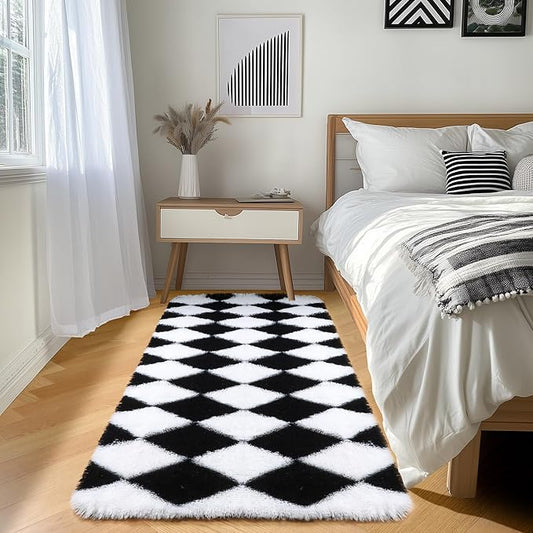 ONASAR 2x6 Checkered Runner Rugs, Soft Fluffy Black and White Rug, Shag Fuzzy Shaggy Plush Rugs for Bedroom, Non-Slip Cozy Bedside Hallway Bedroom Rug for Kids Boys Dorm Home Decor Aesthetic