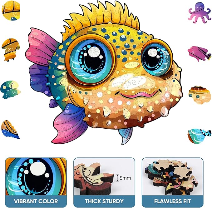 Fish Wooden Puzzles for Kids,100 Pieces Unique Shaped Jigsaw Puzzles for Adults and Children,Family Game,Birthday and Children's Day Gifts,7.67x8.4 Inches