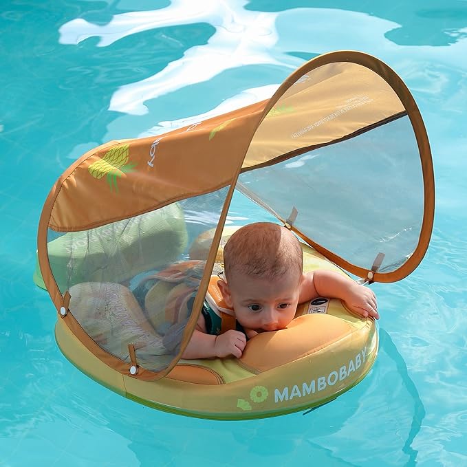 Mambobaby Float Add Tail Baby Swim Float with Canopy Solid Pool Infant Swim Trainer Swimming Training Lying Air Free Water Floats Non-Inflatable Waist Swim Ring for Toddlers (Pineapple)