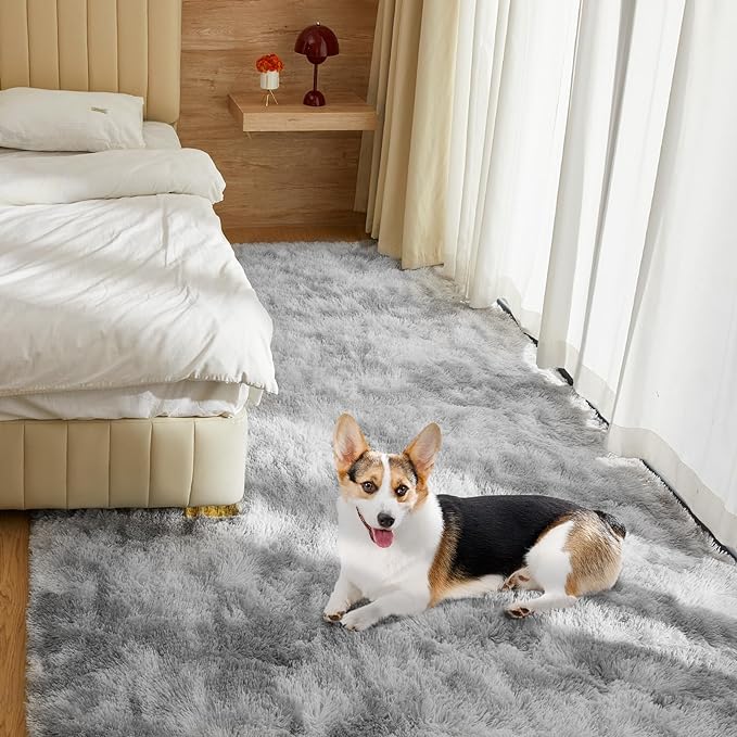 Ultra Soft Rug for Living Room, 9X12 Fluffy Shag Area Rug for Bedroom, Modern Shaggy Carpets Fuzzy Rug for Teens Dorm Nursery Home Decor Aesthetic, Upgrade Anti-Skid Durable, Tie-Dyed Light Grey