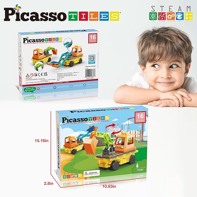 PicassoTiles Magnet Tiles Building Block 2-in-1 Excavator & Backhoe Brick Compatible Construction Playset with Car Base Magnetic Character Action Figure STEM Educational Learning Toy Kit Age 3+ PTU04