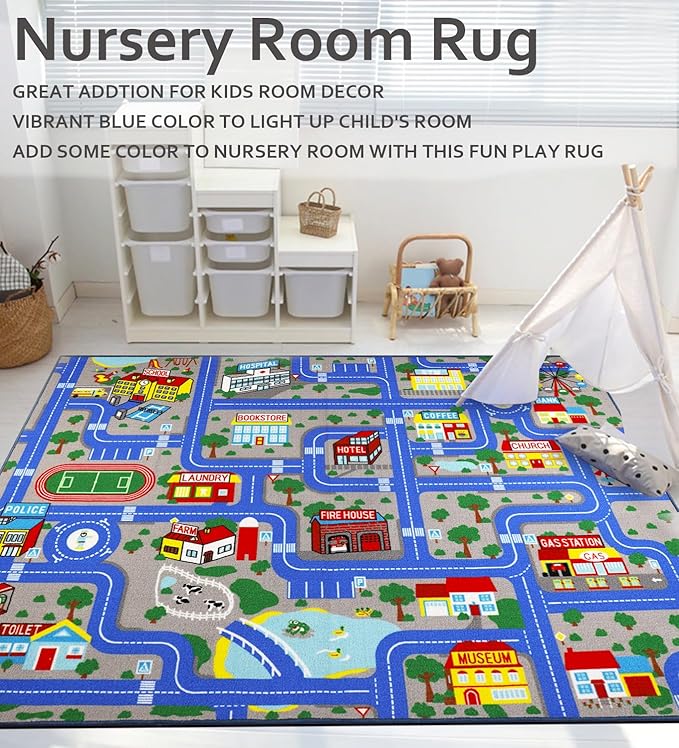 Educational Road Traffic Carpet Kids Carpet Playmat Car Rug Fun City Life Map Kids Car Rug Non Slip Play Carpet for Children Playroom Bedroom Classroom Decor (Blue, 5'0''x6'6'')