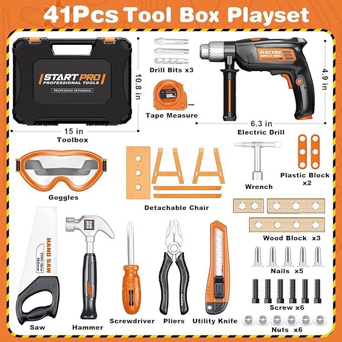 Kids Tool Set with Electronic Toy Drill, 41 Realistic Toy Tools with Tool Box for Toddler, Pretend Home Tool Kit & Drill Sets, Kids Construction Toys, Birthday Gifts for 3 4 5 Years Old Boys Girls