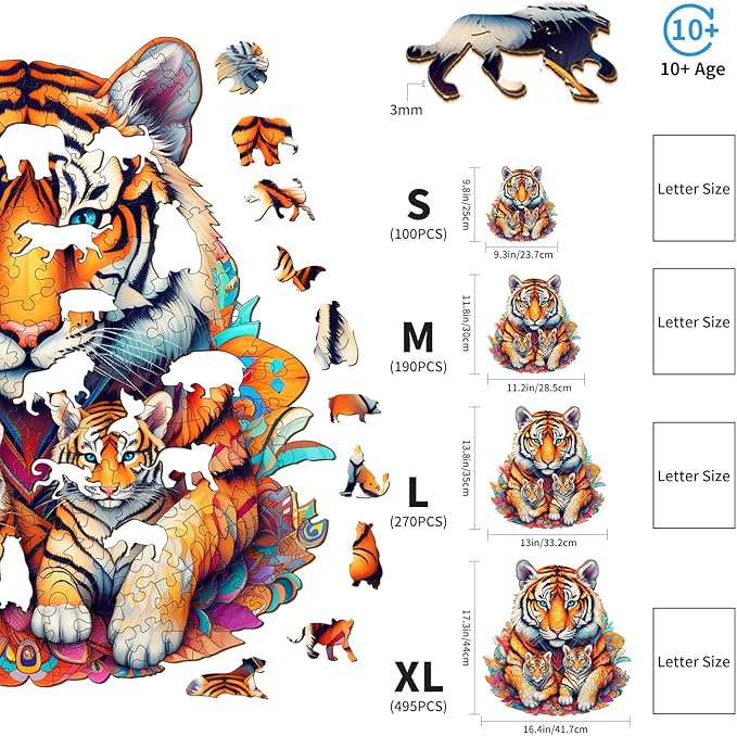Wooden Puzzles for Adults, Tiger Family (M-190pcs) Wooden Jigsaw Puzzles Kids, 11.2 * 11.8in Unique Shaped Animal Wood Puzzles Adults, Fathers Birthday Family Games