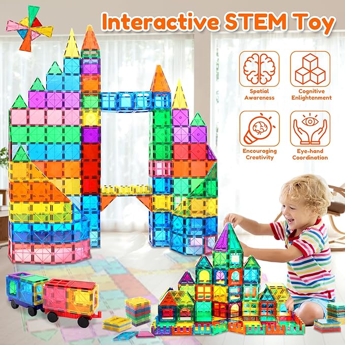 Magnetic Tiles 100PCS with 2 Cars Magnet Building Blocks for Kids Educational Magnetic Blocks Sensory Toys Montessori Stacking Gift for 3 4 5 6 7 Year Old Boys Girls Construction STEM Toys Set
