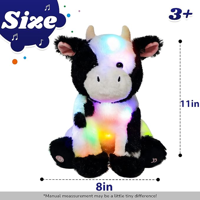 Cuteoy Cow LED Musical Stuffed Animal Light-up Singing Plush Adjustable Volume Lullaby Plushies Birthday Christmas Toy Gifts for Kids Toddler Girls, 13"