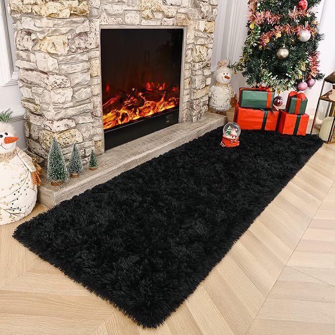 Amearea Shag Fluffy Area Rug for Bedroom Girls Living Room, Extra Soft and Fuzzy Shaggy Rugs, Non Slip, Solid Color Carpet Mat for Boys Nursery Home, Black 2x6 Feet