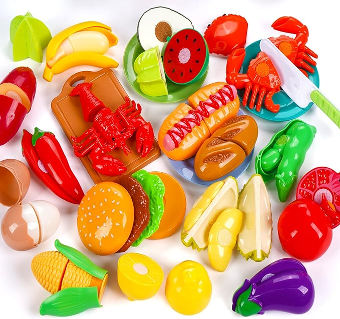 ilauke 87Pcs Cutting Play Food Toy for Kids Kitchen, Pretend Play Food Set for Toddlers with Interactive Cutting Kitchen Toys, Learning Toys Play Food Set for Daycare Educational Toy