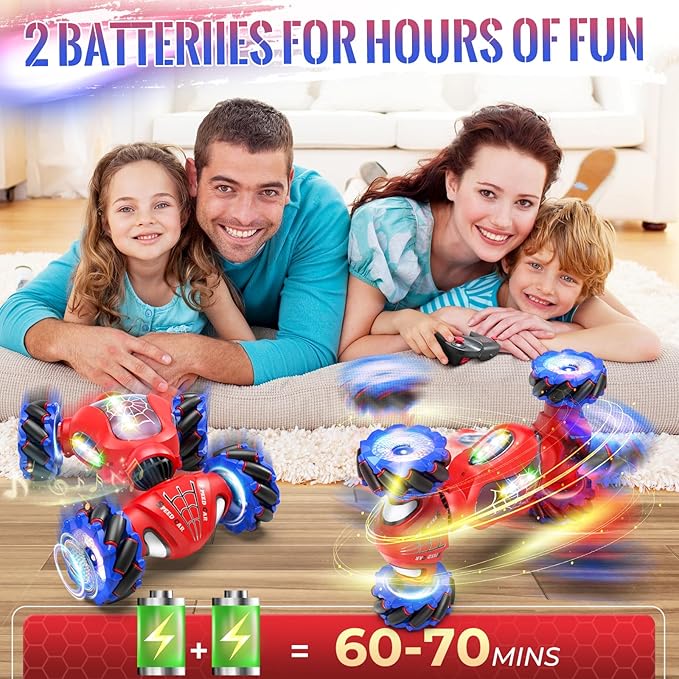 Spider Remote Control Car Toys for 6-12 Boys Girls, Birthday Gifts for Kids, 2.4Ghz 4WD Gesture Sensing RC Stunt Car with Light & Music & Spray, Double-Sided 360° Rotating Hand Control