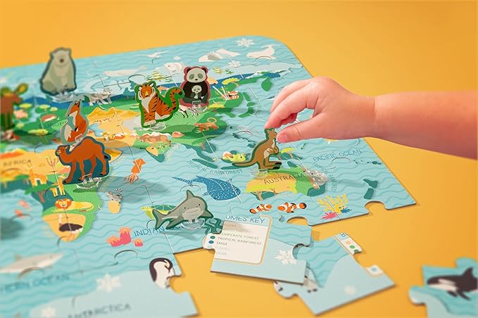 Stephen Joseph, World Map Puzzle Animal Biomes with 3D Animal Pieces – Includes 16 Play Pieces with Fun Facts and Stands, Includes 8.5 x 11 Poster, Jigsaw Puzzle for Girls & Boys 3+ Years