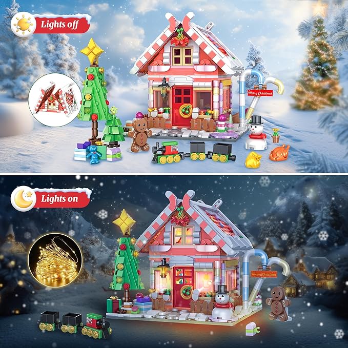 Gingerbread House Building Block Set for Girls 12+ - Pink Christmas Village With LED Lights, Tree, and Train - 1288Pcs for Adults