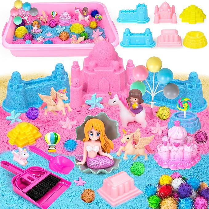 Hymaz Unicorn Sensory bin, Unicorn and Mermaid Play Sand Kit, Sandbox with 2.2lbs Magic Sand, Castle Molds, Ocean Scene Models, Preschool Indoor Birthday Gifts for Boys Girls Age 3 4 5 6 7 8
