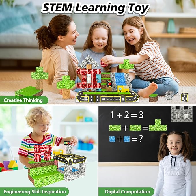 100PCS Magnetic Building Blocks for Kids Ages 4-8,Magnet STEM Sensory Toys-Tiles Road Track, Mine World Build Set, Christmas Birthday Gifts Toy