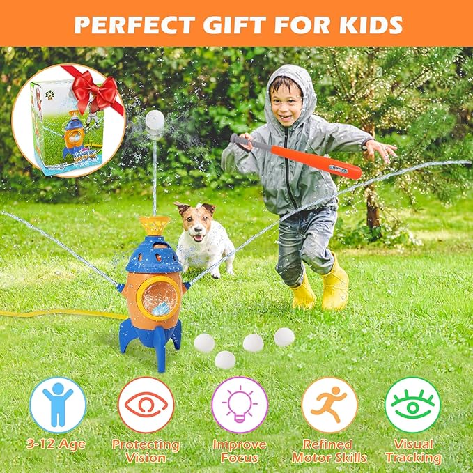 Rocket Water Sprinkler Baseball Toy, EKKBHKI 360° Rotating Water Toys for Kids Ages 4-8, Summer Water Toys for Boys and Girls, Kids Sprinkler for Yard & Lawn & Pool Party Game