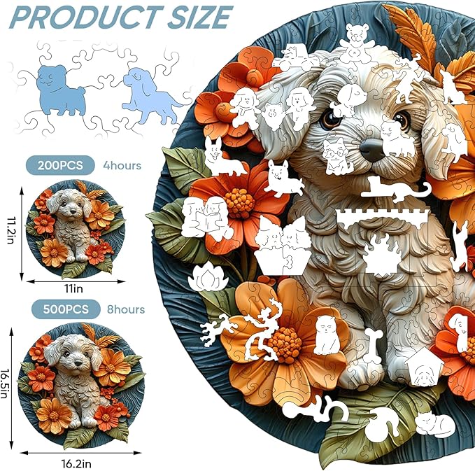 Wooden Puzzle for Adults - 3D Vision Effect White Dog Wooden Puzzle 200 Pcs Unique Shape Advanced Wooden Jigsaw Puzzle, Wood Puzzles, Challenge Wooden Jigsaw Puzzle(11.1 x 11.2 in)