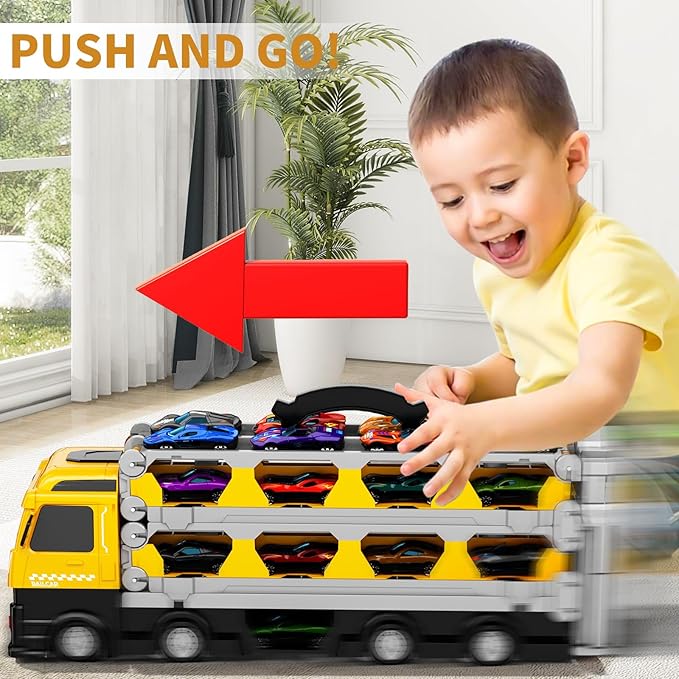 Racing Car Railway Truck Toy for Boys 2 3 4 5 6 7 Years Old - 78.7-inch Transport Carrier Trucks, Foldable Railway Storage, die-cast Car, for Toddlers and Kids Aged 3-5