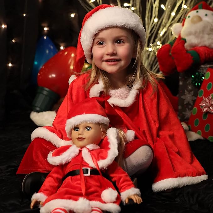 Playtime by Eimmie 18 Inch Doll Clothes and Accessories - Christmas Holiday Dress with Matching Santa Hat & Shawl - Clothing Sets & Stuff - Fits American, Generation & Similar 18” Dolls for Girls