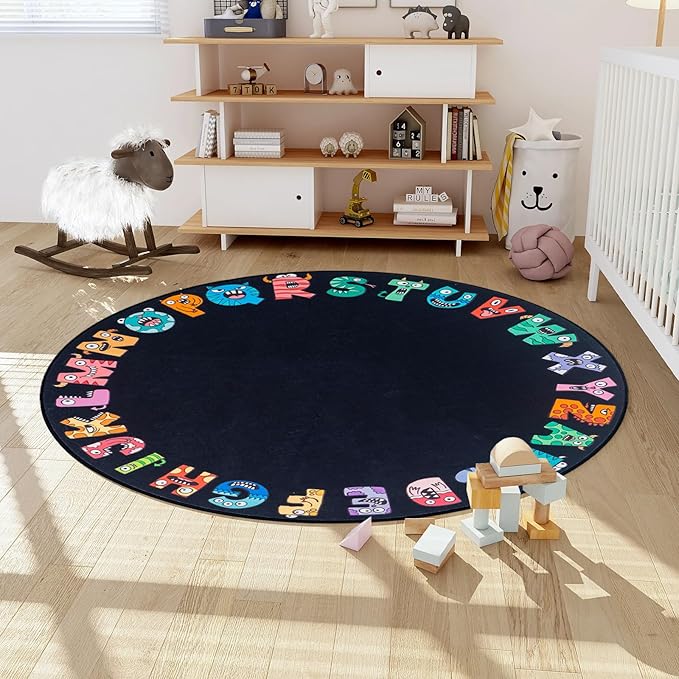ABC Alphabet Rug for Kids, Classroom Playmat 5ft Non-Slip Circle Rugs for playroom, Round Area Rug for Elementary Classroom, Play Carpet for Boys Girls Bedrooms Playroom,Nursery Rugs-Black