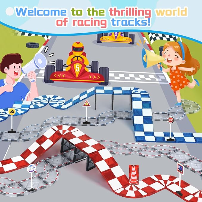 Magnetic Tiles Road Set, Magnetic Blocks Building Toys for 3+ Year Old Boys Girls, Magnet Construction Toys Preschool Educational Kids Magnet Tiles for Toddlers 3-5 4-8 (Magnetic Tiles Racing Track)