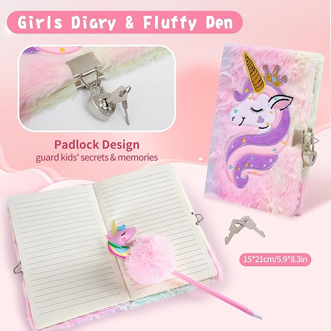 Unicorn Gifts for Girls Age 4 5 6 7 8 9 10, Girls Unicorn Birthday Gifts Set with Light Up Star Pillow Diary Plush DIY Water Bottle Kits Toys
