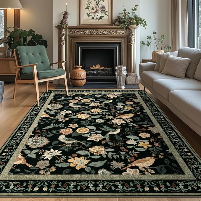 Floral Washable 8x10 Area Rugs for Living Room, Boho Birds Black/Beige Large Bedroom Rug Soft Non-Slip Vintage Dining Room Rug, Low Pile Botanical Floor Carpet for Kids Room Classroom