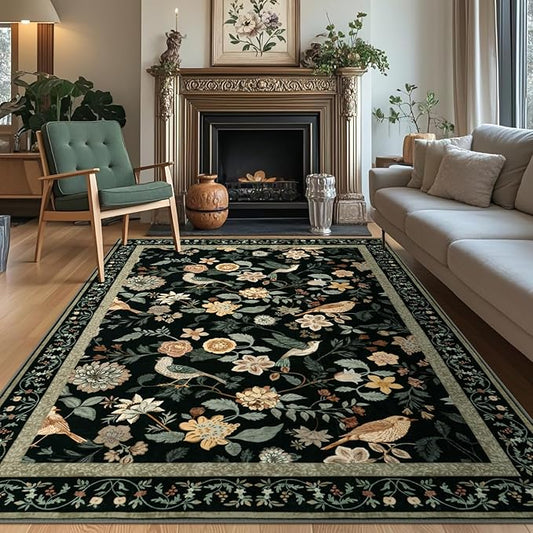 Floral Washable 8x10 Area Rugs for Living Room, Boho Birds Black/Beige Large Bedroom Rug Soft Non-Slip Vintage Dining Room Rug, Low Pile Botanical Floor Carpet for Kids Room Classroom