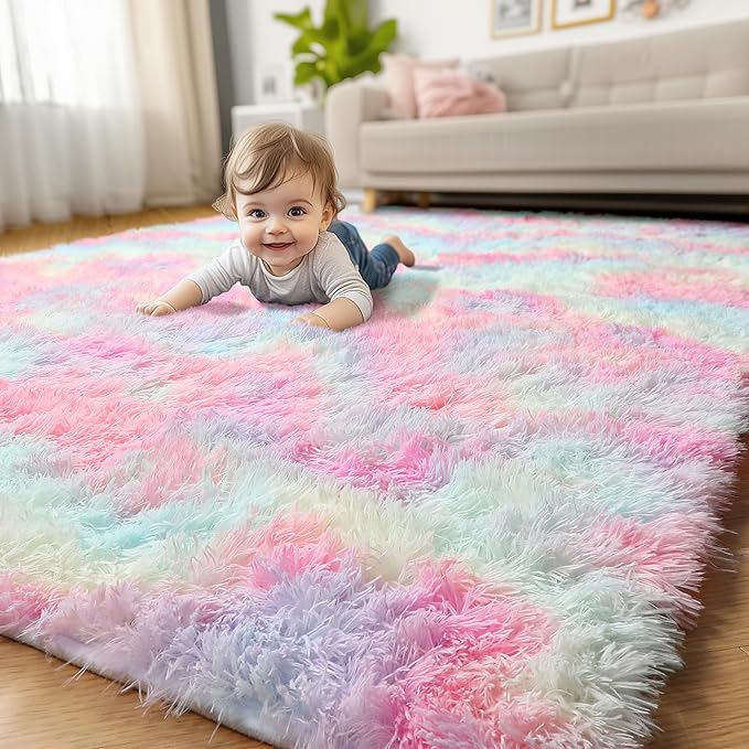 Amdrebio Rainbow Area Rugs for Girls Bedroom Kids Room Decor, 9x12 Large Pastel Colorful Rug for Playroom, Cute Unicorn Shaggy Rugs for Baby Princess, Kawaii Fluffy Plush Big Carpet for Living Room