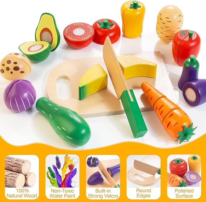 Wooden Play Food Set for Kids Kitchen | Velcro Chopping Veggies & Fruits Toy Food Set with Storage Case & Bag, Play Kitchen Accessories, Pretend Play Food for Toddlers 3+