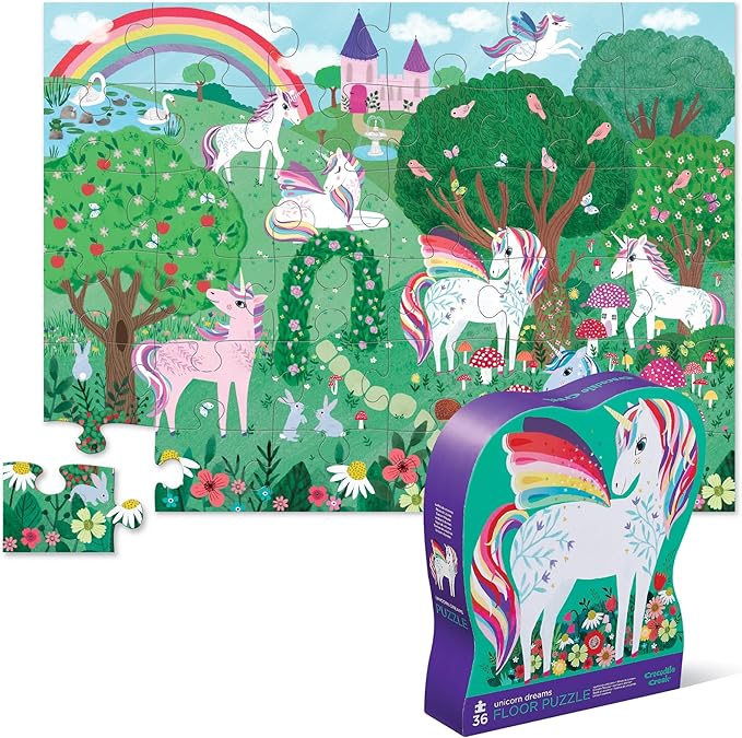 Crocodile Creek 36-Piece Jigsaw Floor Puzzle - Fun Floor Puzzles for Kids Ages 3-5 - Heavy-Duty Shaped Box for Storage - Unicorn Dreams - 27" W x 20" H Finished