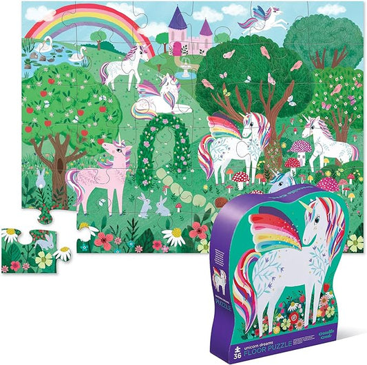 Crocodile Creek 36-Piece Jigsaw Floor Puzzle - Fun Floor Puzzles for Kids Ages 3-5 - Heavy-Duty Shaped Box for Storage - Unicorn Dreams - 27" W x 20" H Finished