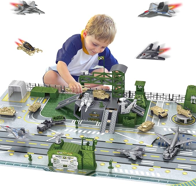 Military Base Toy Sets, Army Toys Playset with Army Men Action Figures, Airplane Toy, Army Tank, Helicopter, Vehicles Accessories and Army Base Play Map, Birthday Present Toys for Boys