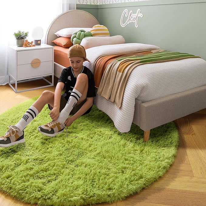 Amdrebio Grass Green Round Rugs 6Ft for Living Room Bedroom Decor Aesthetic, Large Fluffy Shaggy Circle Area Rug for Kids Playroom Baby Nursery, Big Soft Shag Fuzzy Modern Cool Floor Circular Carpet