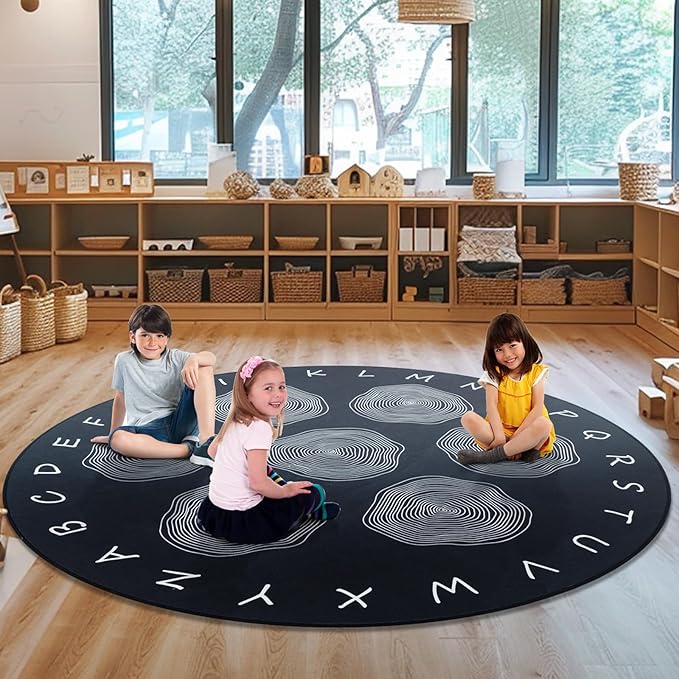 Large Classroom Rugs, ABC Alphabet Educational Area Rug for Kids,6ft Non-Slip Circle Abstract Carpet for Girls and Boys Bedroom,Carpet for Elementary Classroom,Play Rug 7 Seats,Nursery Rugs Washable