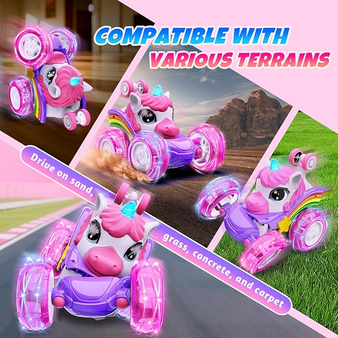 Unicorn Remote Control Car Toys for Girl - 360° Rotating Pink RC Stunt Cars 4WD Remote Cars for Kids, 2.4GHz Toy Car USB Direct Charging with LED Lights, Birthday Gift for 3 4 5 6 7 8 9 Year Old Girl