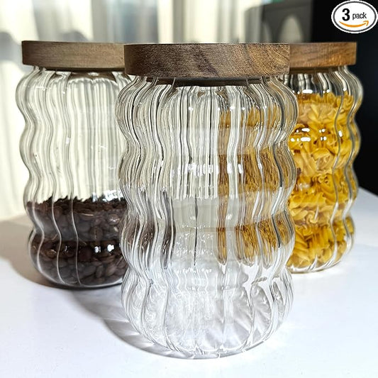 Glass Jars with Lids 27 Oz Cookies Jar Cute Candy Jar Canisters for Nuts Sugar Coffee Storage Jar Sets Large Storage Jars with Wood Lids for Pantry Kitchen Glass Food Jars for Spice (3 Pcs)