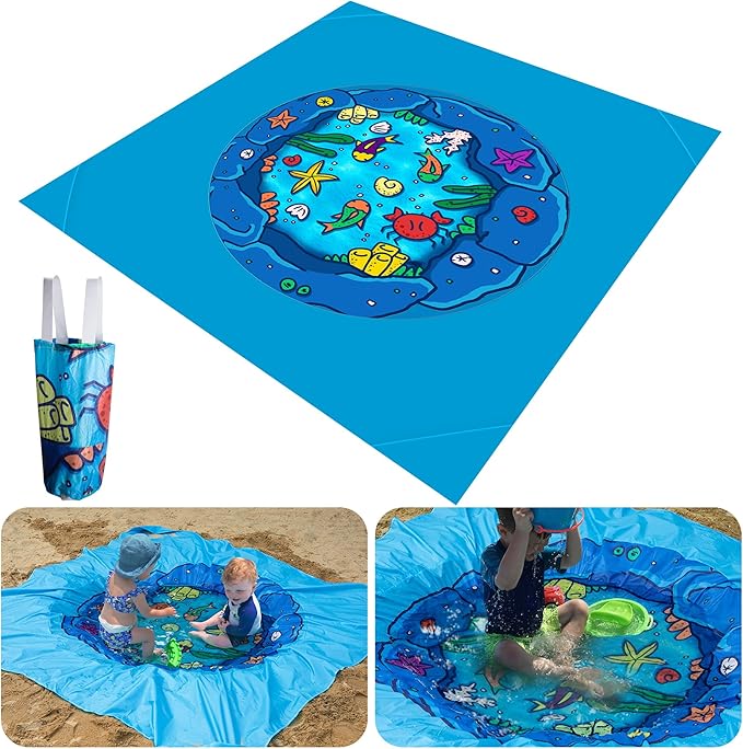 RunNico 6.6 x 6.6 Ft Portable Baby Beach Pool, Waterproof Beach Pool Blanket for Toddler with Water Bag, Collapsible Beach Puddle Mat for Boys Girls Kids Infant Outdoor Summer Vacation