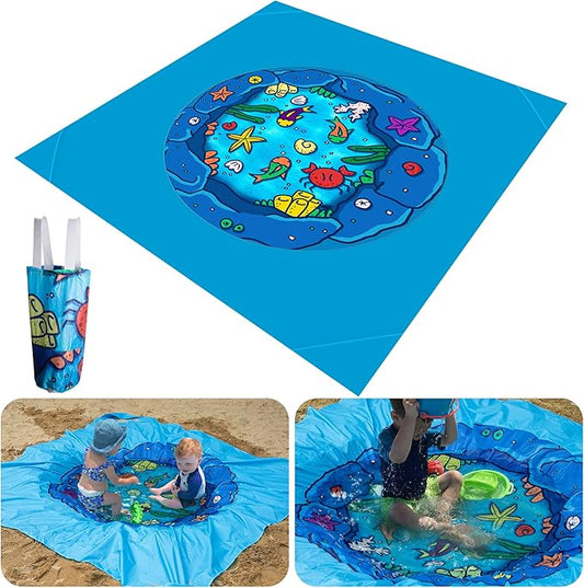 RunNico 6.6 x 6.6 Ft Portable Baby Beach Pool, Waterproof Beach Pool Blanket for Toddler with Water Bag, Collapsible Beach Puddle Mat for Boys Girls Kids Infant Outdoor Summer Vacation