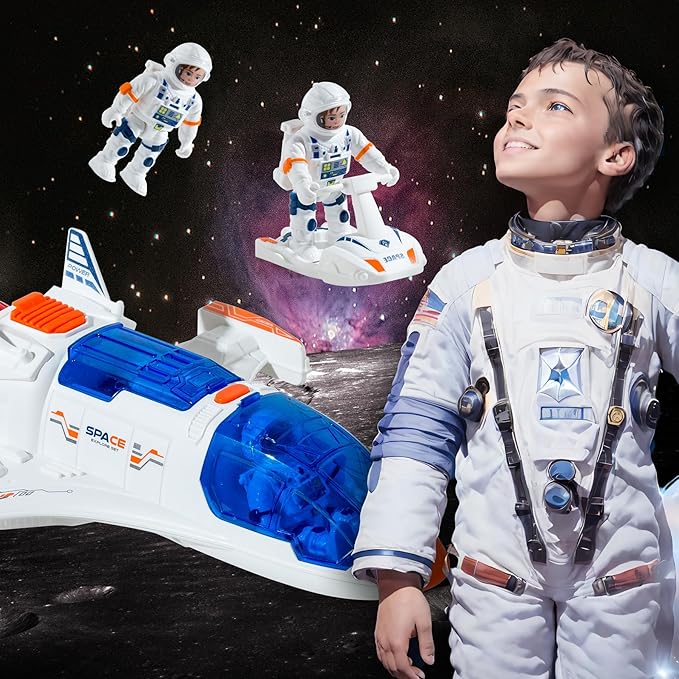 Spaceship Shuttle Toy with Astronaut Figure - Toy Rocket Ship with Lights Spray and Sound - Space Shuttle Toys Sets for Boys Planet Toys - Astronaut Exploration Birthday Plane Gift