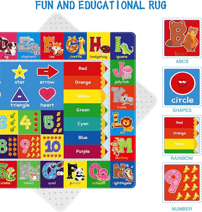 Kids Play Rug for Playroom, ABC Educational Area Rug, Toddler Baby Play Mat, Alphabet Animal Soft Non-Slip Kids Rug Carpet for Boy Girl Bedroom (110X78.7 INCH Blue)