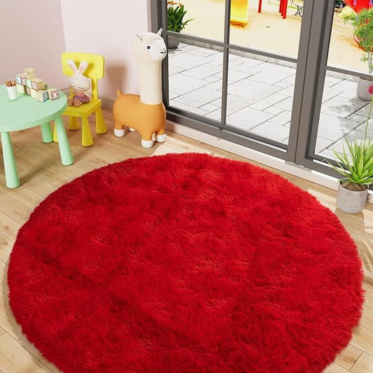 LOCHAS Luxury Round Fluffy Area Rugs for Bedroom Kids Girls Room Nursery, Super Soft Circle Rug, Cute Shaggy Carpet for Children Living Room, 5x5 Feet Red