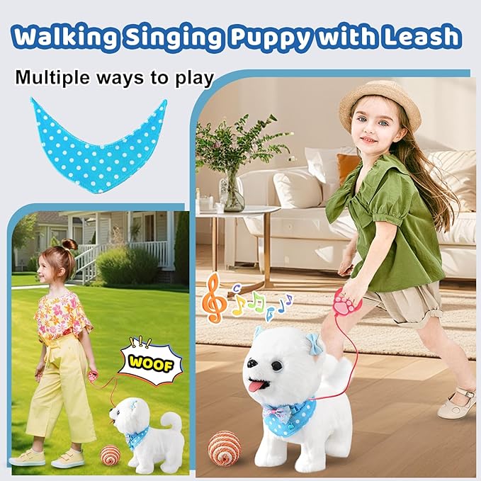 Samoyed Walking Dog Toy for Kid Girl Puppy Toy Licking Barking with Leash, Electric Talking Singing Tail Wag Plush Robot Doggy DIY Pretend Dress Up Interactive Dog