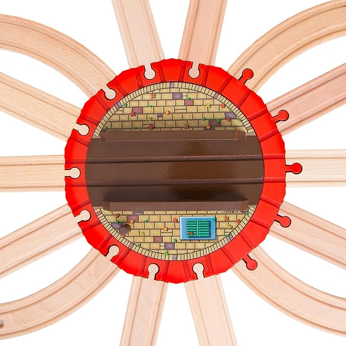 Wooden Railway 5 Engine Bays, Rooftop Rails Full Size Roundhouse with 14-Ways Turntable Compatible with Thomas & Friends Brio Imaginarium Melissa Doug Engine Shed