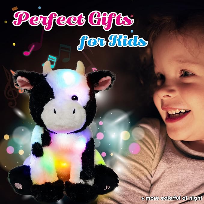 Cuteoy Cow LED Musical Stuffed Animal Light-up Singing Plush Adjustable Volume Lullaby Plushies Birthday Christmas Toy Gifts for Kids Toddler Girls, 13"