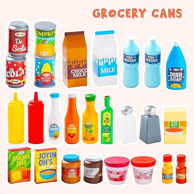 JOYIN 135Pcs Kids Play Food Set, Value Pretend Food for Play Kitchen with Fruit, Vegetable, Can, Dessert, Tableware, Bottles, Dramatic Plastic Toys for Toddler Boys Girls 3+ Years