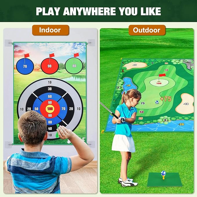 MoKo Golf Chipping Mat Set - 47"x70" Sticky Battle Golf Game Play Set Double Sided Par Pursuit Game for Kids Adults, Indoor & Outdoor, with 2 Sticks 20 Sticky Balls