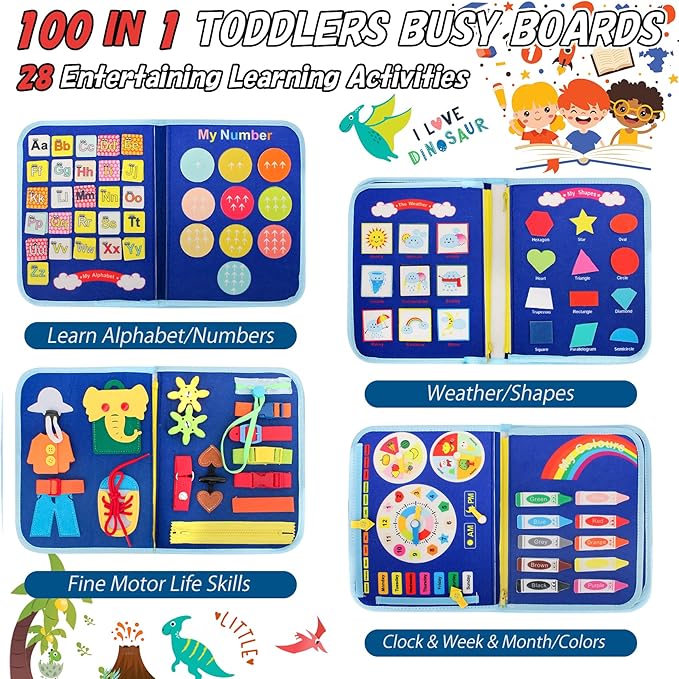 iooo Toddler Busy Board Montessori Toys for 1 2 3 4 Year Old, Sensory Board with Buckles Educational Activities for Learning Fine Motor Skills, Gifts Toy for Girls Boys for Airplane Car (Blue-5)