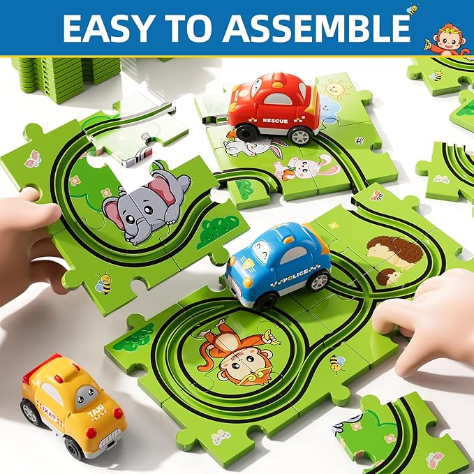 Bennol Toddler Toys Gifts for 2 3 4 5 Year Old Boys, 73 Jigsaw Puzzle Race Track Car Set Toys for Kids Boys Toddlers 1-3 2-4 3-5 4-6, Puzzle Tracks Car Toys Gifts for 2 3 4 5 Year Old Boys Kids