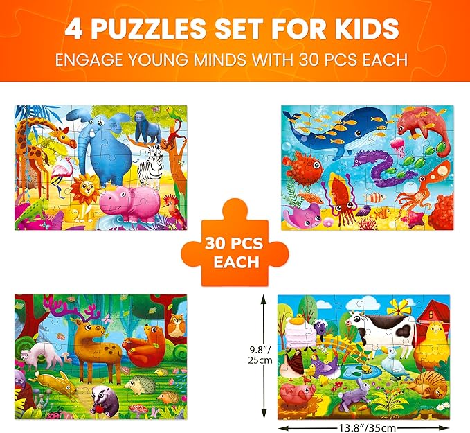 QUOKKA Puzzles for Toddlers 3-5 - 4 x 30 Pieces Puzzles for Kids Ages 2-4 - Animal Learning Jigsaw Puzzles for Kids 4-6 Years Old - Educational Toys for Boy and Girl
