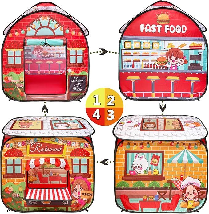 Kids Pop Up Fast Food Restaurant Play Tent, Playhouse Indoor Outdoor Folding Portable Play Tent for Kids Boys and Girls