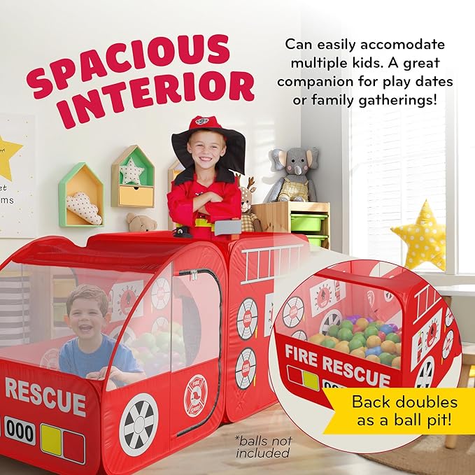 Kiddey Fire Truck Play Tent for Kids - Firetruck Tents with Sirens and Fireman Sound Button for Girls, Boys, & Toddlers Gifts - Red Fire Engine Pop Up Playhouse for Toddler - Indoor & Outdoor